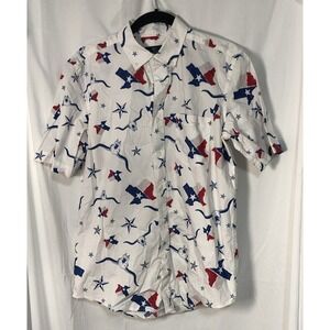 George Mens Classic Fit White Texas Theme Design Short Sleeve Button-Up - Size S